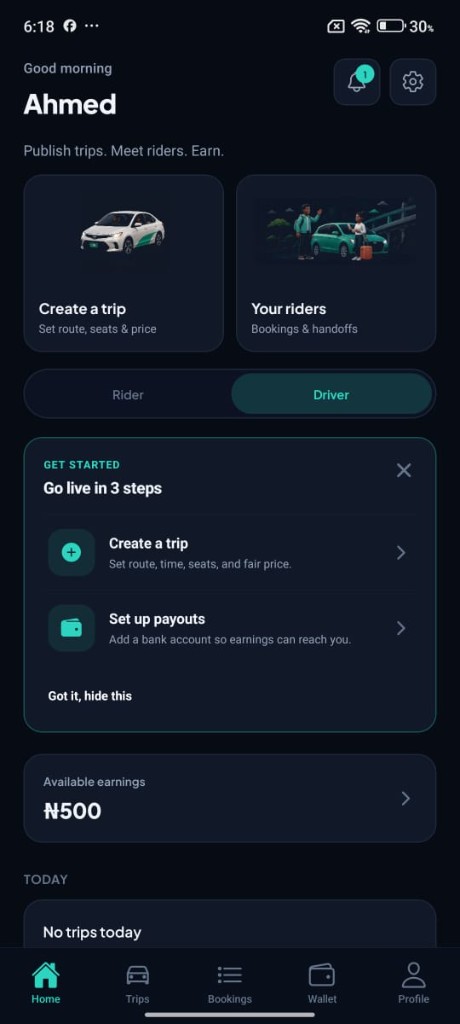 GetLift driver home: create a trip, your riders, payouts