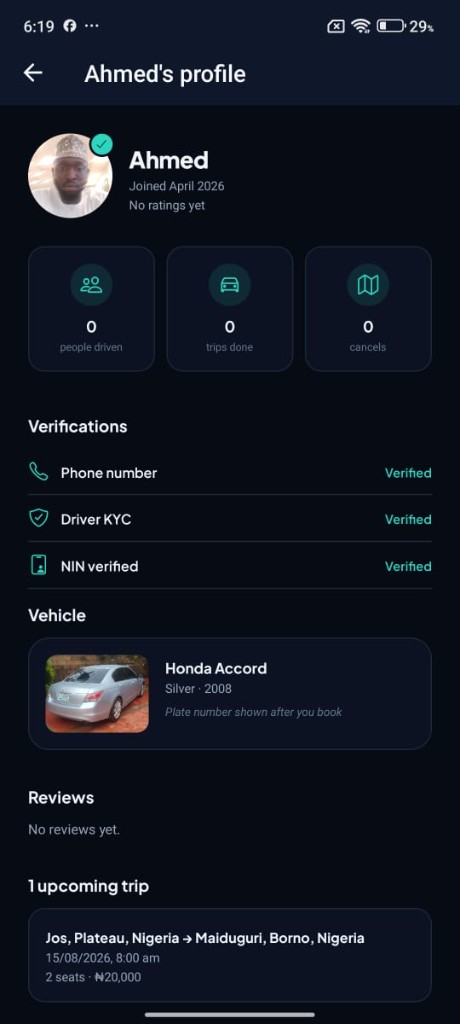 Driver profile: phone, KYC and NIN verified, Honda Accord, upcoming Jos to Maiduguri trip