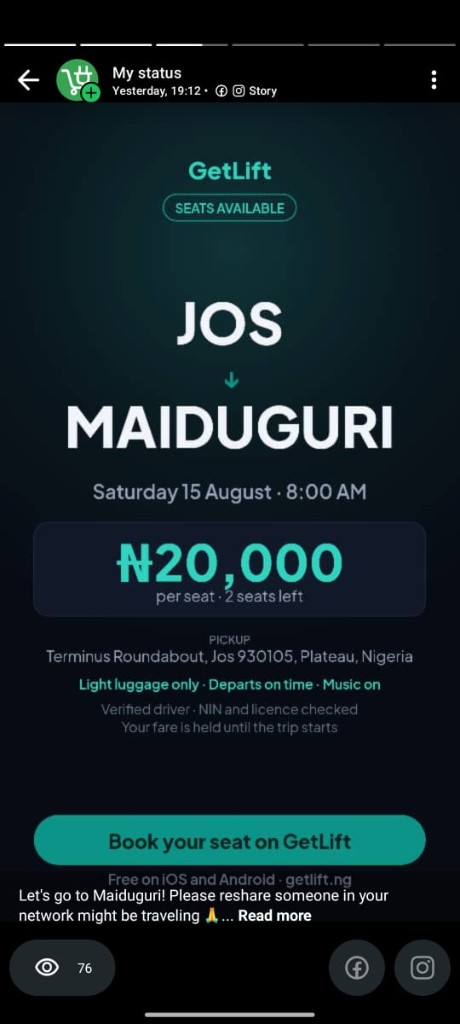 GetLift Jos to Maiduguri trip flyer posted as a WhatsApp status