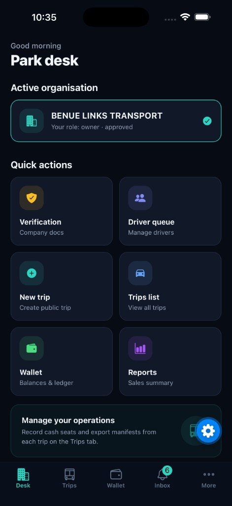 Lift operator Park desk: organisation, quick actions for trips and verification