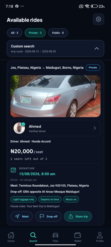GetLift available rides: Jos to Maiduguri, verified driver, house-rule chips Light luggage, Departs on time, Music on